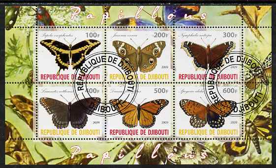 Djibouti 2009 Butterflies perf sheetlet containing 6 values fine cto used, stamps on , stamps on  stamps on butterflies