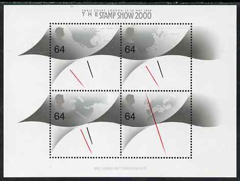 Great Britain 1999 Millennium Series - Millennium Timekeeper m/sheet overprinted for StampShow 2000 containing 4 x 64p Clock stamps unmounted mint, SG MS 2123var, stamps on , stamps on  stamps on clocks, stamps on  stamps on maps, stamps on  stamps on millennium