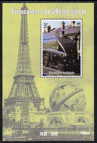 Guinea - Conakry 1998 Events of the 20th Century 1930-1939 Mallard perf souvenir sheet unmounted mint, stamps on millennium, stamps on railways, stamps on eiffel tower