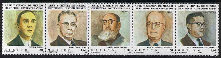 Mexico 1982 Arts & Sciences #9 (Scientists) strip of 5 unmounted mint SG 1650-54, stamps on , stamps on  stamps on personalities, stamps on  stamps on science, stamps on  stamps on physics