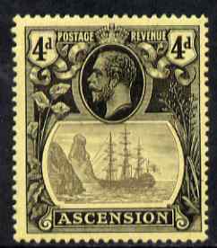 Ascension 1924-33 KG5 Badge 4d grey-black & black on yellow single with variety 