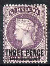 St Helena 1884-94 QV Crown CA 3d deep reddish-lilac showing vert guide line in circle at 3 o'clock and line in left square (Probably position R2/4) mounted mint SG 42var, stamps on , stamps on  stamps on , stamps on  stamps on  qv , stamps on  stamps on 