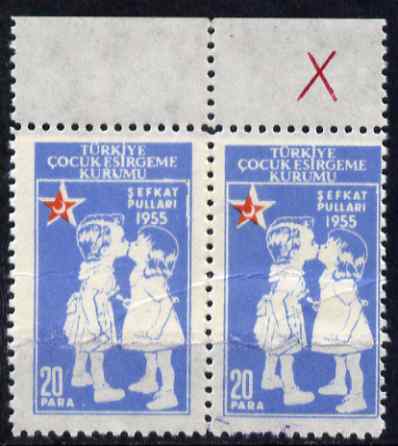 Turkey 1955 Postal Tax - Children Kissing 20para horiz pair part printed on double paper (paper join) fine mounted mint, stamps on , stamps on  stamps on children, stamps on  stamps on red cross