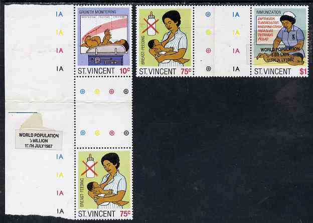 St Vincent 1987 Child Health two se-tenant gutter pairs (folded through gutters) one stamp in each with Paste-up for World Population overprint - Ex uncut archive proof s..., stamps on children, stamps on medical, stamps on nurses