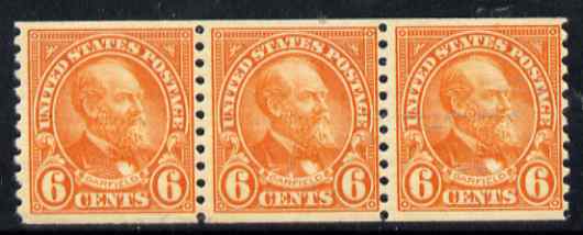United States 1932 Garfield 6c imperf x P10 well centred coil strip of 3 unmounted mint, SG 609 , stamps on personalities, stamps on usa presidents, stamps on garfield