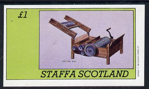 Staffa 1982 Inventions (Cotton Gin) imperf souvenir sheet (£1 value) unmounted mint, stamps on science     textiles, stamps on inventions