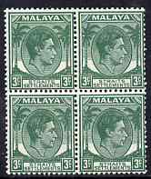 Malaya - Straits Settlements 1937-41 KG6 3c green die II block of 4 unmounted mint SG 295, stamps on , stamps on  kg6 , stamps on 