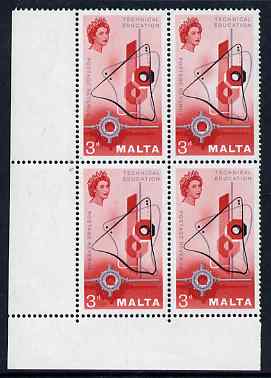 Malta 1958 Technical Education 3d corner block of 4, one stamp with Retouch by value R6/1 unmounted mint, SG 287var, stamps on education