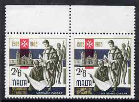 Malta 1966 400th Anniversary of Valetta 2s6d marginal pair, one stamp with M retouch unmounted mint, SG 370var, stamps on 