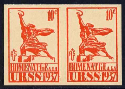 Spain 1937 Propaganda label inscribed 'Homenatge a la URSS' 10c orange imperf pair on ungummed paper, stamps on statues