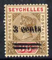 Seychelles 1901 QV surcharged 3c on 36c brown & carmine with surcharge doubled, mounted mint and gum toned, SG 39a cat A3750, stamps on , stamps on  stamps on , stamps on  stamps on  qv , stamps on  stamps on 