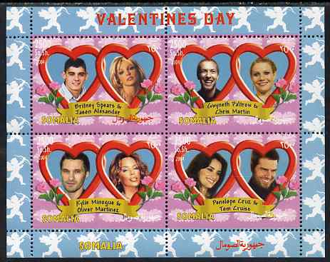 Somalia 2004 Valentines Day perf sheetlet containing 4 values unmounted mint, stamps on , stamps on  stamps on personalities, stamps on  stamps on music, stamps on  stamps on pops, stamps on  stamps on rock, stamps on  stamps on cinema, stamps on  stamps on movies, stamps on  stamps on films, stamps on  stamps on women