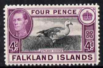 Falkland Islands 1938-50 KG6 Magellan Goose 4d mounted mint, SG 154, stamps on , stamps on  kg6 , stamps on geese