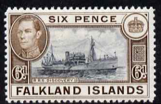 Falkland Islands 1938-50 KG6 Discovery II (Supply Ship) 6d black & brown mounted mint, SG 155a, stamps on , stamps on  kg6 , stamps on ships