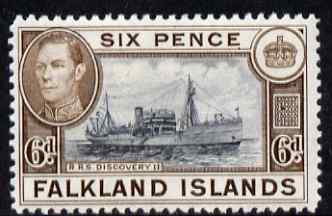 Falkland Islands 1938-50 KG6 Discovery II (Supply Ship) 6d black & brown mounted mint, SG 155a, stamps on , stamps on  stamps on , stamps on  stamps on  kg6 , stamps on  stamps on ships