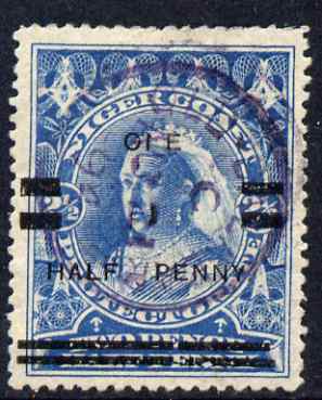 Niger Coast 1894 Surcharged 1/2d on 2.5d blue showing OIE for ONE variety, with 24 Aug 1894 Old Calabar cds cancel, stamp has small hole which developed into a tear but b...