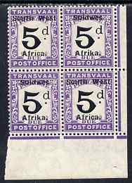 South West Africa 1927 Postage Due 5d black and violet corner block of 4 (2 se-tenant pairs, one pair unmounted) SG D33, stamps on 