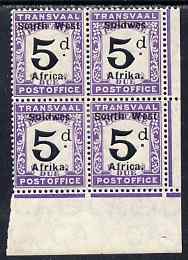 South West Africa 1927 Postage Due 5d black and violet corner block of 4 (2 se-tenant pairs, one pair unmounted) SG D33, stamps on , stamps on  stamps on south west africa 1927 postage due 5d black and violet corner block of 4 (2 se-tenant pairs, stamps on  stamps on  one pair unmounted) sg d33