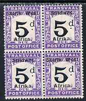 South West Africa 1927 Postage Due 5d black and violet block of 4 (2 se-tenant pairs) unmounted mint SG D33, stamps on , stamps on  stamps on south west africa 1927 postage due 5d black and violet block of 4 (2 se-tenant pairs) unmounted mint sg d33