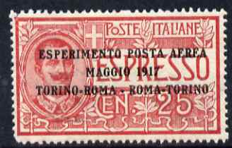 Italy 1917 Air 25c rose (the first Air stamp to be issued by any country) mounted mint SG 102, stamps on , stamps on  stamps on aviation