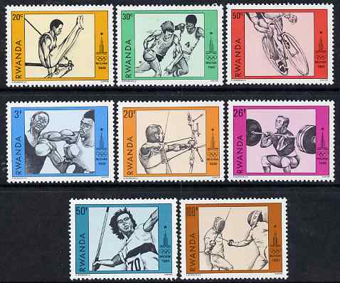 Rwanda 1980 Moscow Olympic Games perf set of 8 unmounted mint, SG 979-86, stamps on olympics, stamps on gymnastics, stamps on basketball, stamps on bicycles, stamps on boxing, stamps on archery, stamps on fencing, stamps on weights, stamps on weight lifting, stamps on javelin