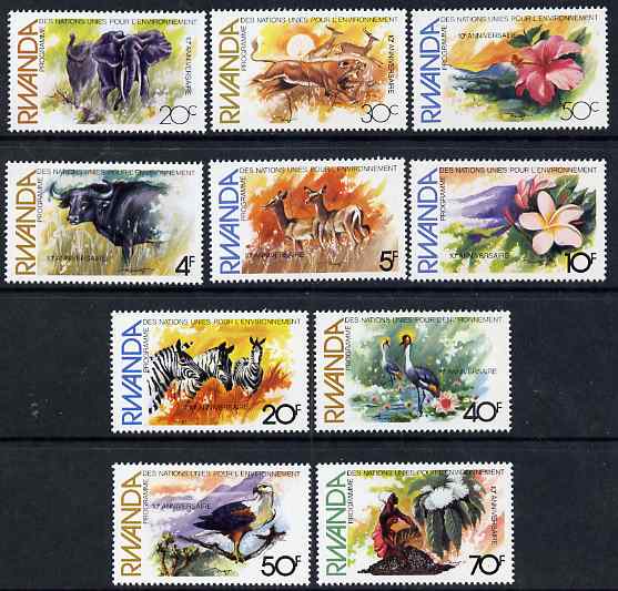 Rwanda 1982 10th Anniversary of United Nations Environment Programme perf set of 10 unmounted mint, SG 1123-32, stamps on zebra, stamps on cranes, stamps on fruit, stamps on eagles, stamps on birds, stamps on animals, stamps on  elephants, stamps on lions, stamps on cats, stamps on buffalo, stamps on bovine, stamps on impala, stamps on , stamps on united nations, stamps on environment, stamps on birds of prey, stamps on flowers