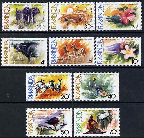 Rwanda 1982 10th Anniversary of United Nations Environment Programme perf set of 10 unmounted mint, SG 1123-32, stamps on , stamps on  stamps on zebra, stamps on  stamps on cranes, stamps on  stamps on fruit, stamps on  stamps on eagles, stamps on  stamps on birds, stamps on  stamps on animals, stamps on  stamps on  elephants, stamps on  stamps on lions, stamps on  stamps on cats, stamps on  stamps on buffalo, stamps on  stamps on bovine, stamps on  stamps on impala, stamps on  stamps on , stamps on  stamps on united nations, stamps on  stamps on environment, stamps on  stamps on birds of prey, stamps on  stamps on flowers