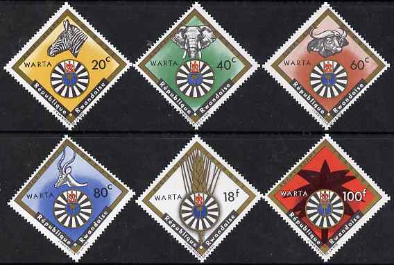 Rwanda 1967 Round Table Fund diamond-shaped perf set of 6 unmounted mint, SG 216-21, stamps on rotary, stamps on animals, stamps on elephants, stamps on buffalo, stamps on impala, stamps on zebra
