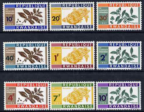 Rwanda 1963 1st Anniversary of Independence perf set of 9 unmounted mint, SG 27-35, stamps on , stamps on  stamps on food, stamps on  stamps on drink, stamps on  stamps on coffe, stamps on  stamps on  tea , stamps on  stamps on bananas, stamps on  stamps on fruit