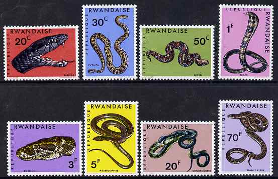 Rwanda 1967 Snakes perf set of 8 unmounted mint, SG 192-99, stamps on reptiles, stamps on snakes