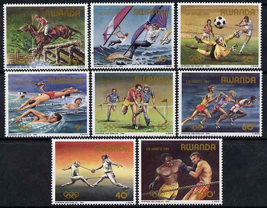 Rwanda 1984 Los Angeles Olympics perf set of 8 values unmounted mint, SG 1202-09, stamps on olympics, stamps on horses, stamps on running, stamps on football, stamps on horse jumping, stamps on windsurfing, stamps on boxing, stamps on swimming, stamps on hockey, stamps on fencing, stamps on 
