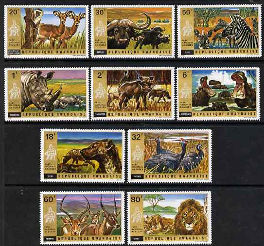 Rwanda 1972 Akagera National Park perf set of 10 unmounted mint, SG 456-65, stamps on , stamps on  stamps on animals, stamps on  stamps on apes, stamps on  stamps on impala, stamps on  stamps on buffalo, stamps on  stamps on bovine, stamps on  stamps on rhinos, stamps on  stamps on zebra, stamps on  stamps on hippos, stamps on  stamps on lions, stamps on  stamps on cats, stamps on  stamps on national parks