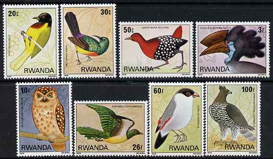 Rwanda 1980 Birds perf set of 8 unmounted mint, SG 956-63, stamps on , stamps on  stamps on birds, stamps on  stamps on owls, stamps on  stamps on birds of prey, stamps on  stamps on eagles