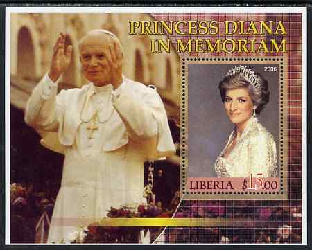 Liberia 2006 Princess Diana In Memoriam perf m/sheet (with Pope John Paul in background) unmounted mint, stamps on , stamps on  stamps on royalty, stamps on  stamps on diana, stamps on  stamps on pope, stamps on  stamps on personalities, stamps on  stamps on religion