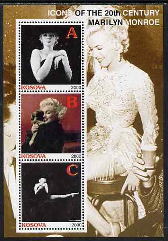 Kosova 2000 Icons of the 20th Century - Marilyn Monroe perf sheetlet containing set of 3 values unmounted mint, stamps on , stamps on  stamps on personalities, stamps on  stamps on movies, stamps on  stamps on films, stamps on  stamps on cinema, stamps on  stamps on marilyn, stamps on  stamps on women