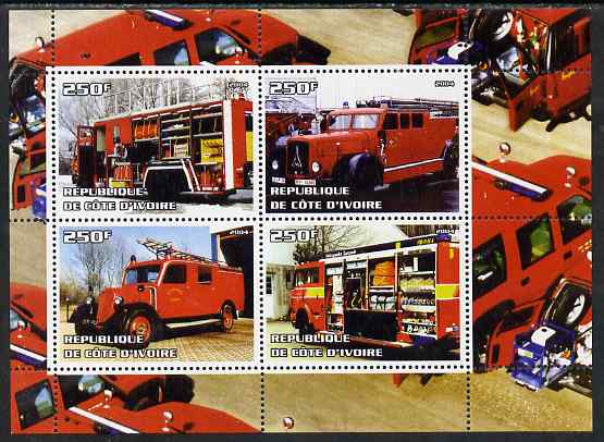 Ivory Coast 2004 Fire Engines perf sheetlet containing 4 values unmounted mint. Note this item is privately produced and is offered purely on its thematic appeal, stamps on , stamps on  stamps on fire