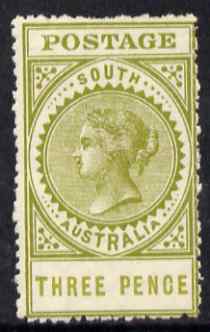 South Australia 1906-12 Thick Postage 3d deep olive A wmk (words 20mm) ragged perfs mounted mint SG 298c, stamps on , stamps on  qv , stamps on 