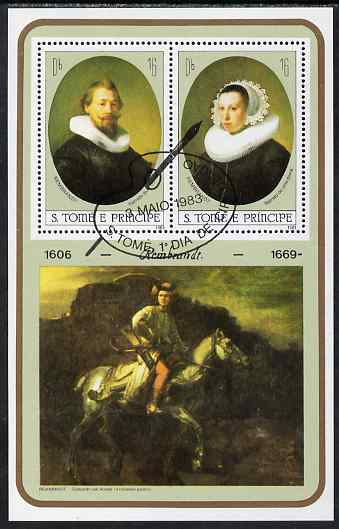 St Thomas & Prince Islands 1983 Paintings by Rembrandt perf sheetlet containing 2 values fine cto used, stamps on arts, stamps on rembrandt, stamps on horses