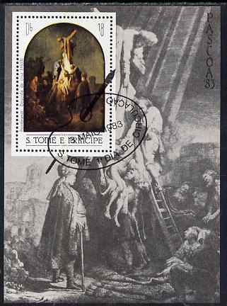 St Thomas & Prince Islands 1983 Paintings by Rembrandt - Descent from the Cross perf s/sheet fine cto used, stamps on arts, stamps on rembrandt, stamps on religion