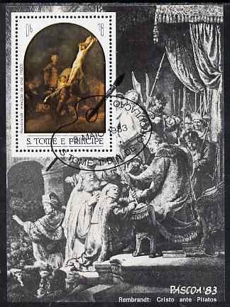 St Thomas & Prince Islands 1983 Paintings by Rembrandt - Raising the Cross perf s/sheet fine cto used, stamps on , stamps on  stamps on arts, stamps on  stamps on rembrandt, stamps on  stamps on religion