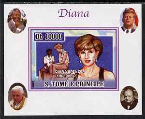 St Thomas & Prince Islands 2007 Princess Diana #1 individual imperf deluxe sheet with Churchill, Kennedy, Mandela & the Pope in background, unmounted mint. Note this item is privately produced and is offered purely on its thematic appeal, stamps on , stamps on  stamps on royalty, stamps on  stamps on diana, stamps on  stamps on churchill, stamps on  stamps on kennedy, stamps on  stamps on personalities, stamps on  stamps on mandela, stamps on  stamps on human rights, stamps on  stamps on nobel, stamps on  stamps on nobel, stamps on  stamps on peace, stamps on  stamps on racism, stamps on  stamps on human rights