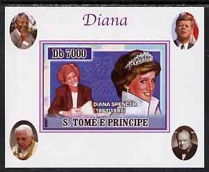 St Thomas & Prince Islands 2007 Princess Diana #2 individual imperf deluxe sheet with Churchill, Kennedy, Mandela & the Pope in background, unmounted mint. Note this item is privately produced and is offered purely on its thematic appeal, stamps on , stamps on  stamps on royalty, stamps on  stamps on diana, stamps on  stamps on churchill, stamps on  stamps on kennedy, stamps on  stamps on personalities, stamps on  stamps on mandela, stamps on  stamps on human rights, stamps on  stamps on nobel, stamps on  stamps on nobel, stamps on  stamps on peace, stamps on  stamps on racism, stamps on  stamps on human rights