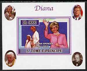 St Thomas & Prince Islands 2007 Princess Diana #4 individual imperf deluxe sheet with Mother Teresa and Churchill, Kennedy, Mandela & the Pope in background, unmounted mint. Note this item is privately produced and is offered purely on its thematic appeal, stamps on , stamps on  stamps on royalty, stamps on  stamps on diana, stamps on  stamps on churchill, stamps on  stamps on kennedy, stamps on  stamps on personalities, stamps on  stamps on mandela, stamps on  stamps on human rights, stamps on  stamps on nobel, stamps on  stamps on nobel, stamps on  stamps on peace, stamps on  stamps on racism, stamps on  stamps on human rights, stamps on  stamps on teresa