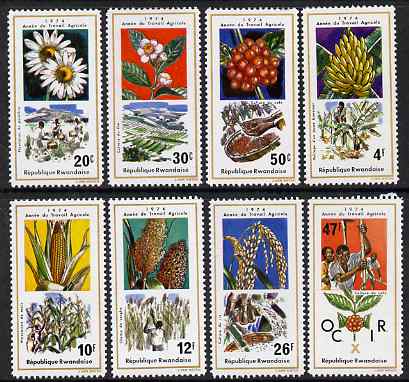 Rwanda 1975 Agricultural Labour Year perf set of 8 unmounted mint, SG 642-49, stamps on agriculture, stamps on food, stamps on farming, stamps on flowers, stamps on  tea , stamps on coffee, stamps on bananas, stamps on fruit, stamps on maize, stamps on rice