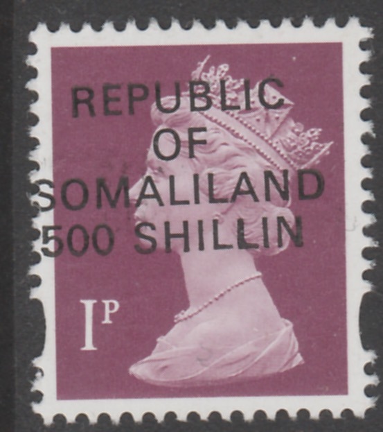 Somaliland 1998 Provisional 500 Shillin on 1p Machin Type 1 without Star overprint (only 1800 printed) unmounted mint - normal retail 49.50, stamps on 
