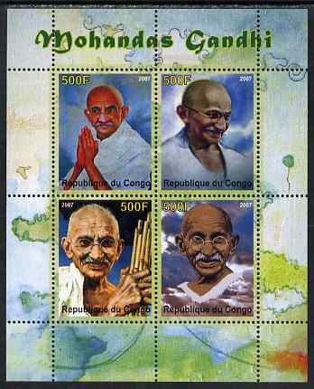 Congo 2007 Mahatma Gandhi perf sheetlet containing 4 values unmounted mint. Note this item is privately produced and is offered purely on its thematic appeal , stamps on , stamps on  stamps on personalities, stamps on  stamps on gandhi, stamps on  stamps on constitutions
