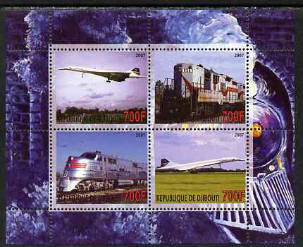 Djibouti 2007 Railways & Concorde #1 perf sheetlet containing 4 values unmounted mint. Note this item is privately produced and is offered purely on its thematic appeal, stamps on , stamps on  stamps on railways, stamps on  stamps on aviation, stamps on  stamps on concorde