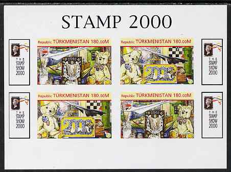 Turkmenistan 2000 Stamp-Show 2000 imperf sheetlet containing 4 values (2 sets of 2) unmounted mint. Note this item is privately produced and is offered purely on its thematic appeal , stamps on stamp exhibitions, stamps on concorde, stamps on chess, stamps on teddy bears, stamps on toys, stamps on 