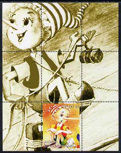 Turkmenistan 2000 Pinocchio perf s/sheet #3 unmounted mint. Note this item is privately produced and is offered purely on its thematic appeal, stamps on , stamps on  stamps on personalities, stamps on  stamps on movies, stamps on  stamps on cinema, stamps on  stamps on films, stamps on  stamps on cartoons