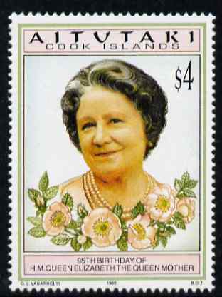 Cook Islands - Aitutaki 1995 Queen Mother's 95th Birthday $4 unmounted mint SG 688, stamps on royalty, stamps on queen mother